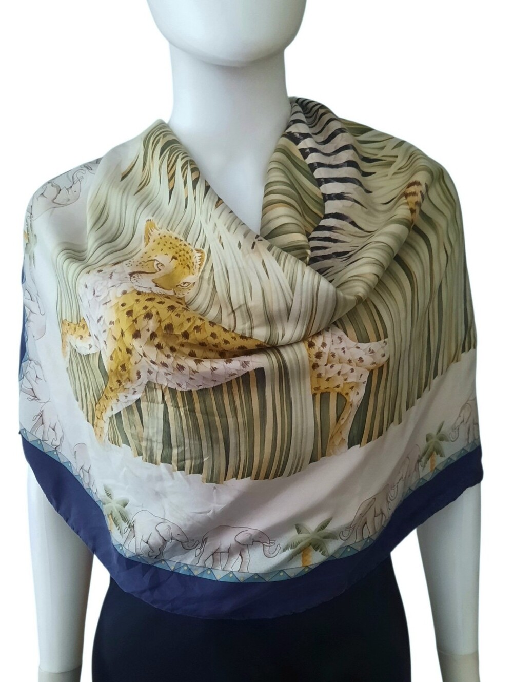 Vintage CARLISE Silk Scarf Cheetah & Zebra Posing In Grass Lt Grey/Multi 35"